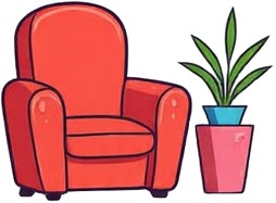 a red chair and a plant in a pot.jpg